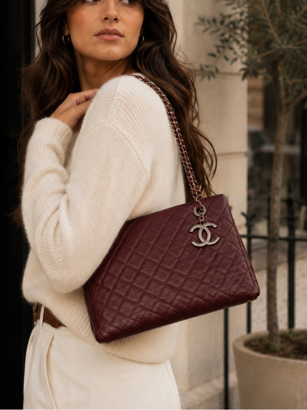 CHANEL 2013 Burgundy Quilted Leather Chain Tote Shoulder Bag Silver CC Authentic
